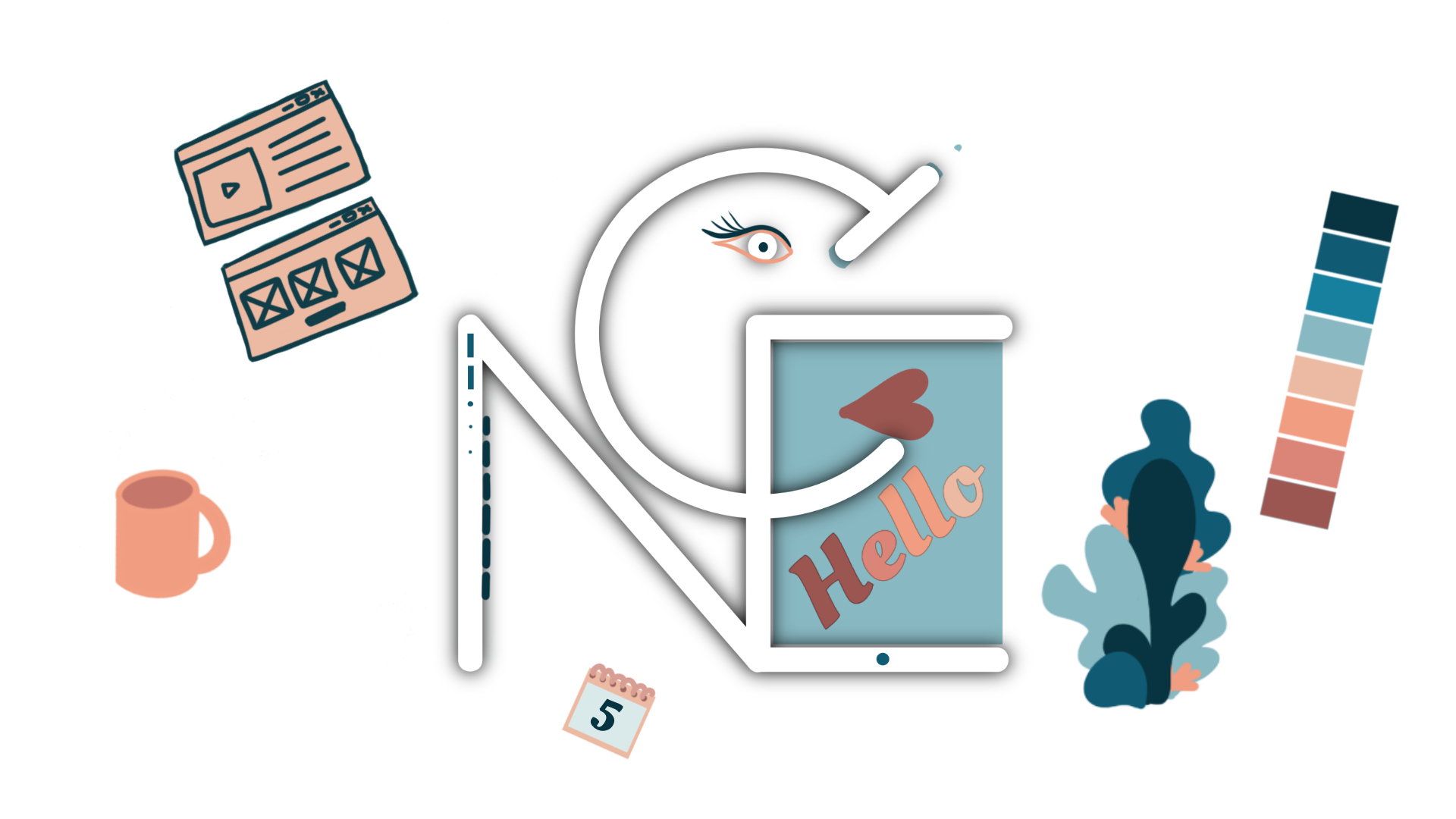 Illustration de mon logo de lettres entrelacées du prénom Céline. Le N est transformé en ordinateur portable, Le E en tablette, l'accent du E représente le stylo de la tablette et le C un visage. Il y a également un tasse, un calendrier, une plante, une palette de couleur et un wireframe (maquette de site internet dénuée de design).