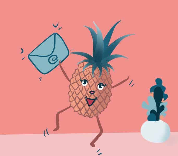 Illustration représentant un personnage en forme de cactus tenant une enveloppe dans sa main droite. Le personnage saute et à l'air heureux. Il y a un pot avec une une plante vert bleuté à sa gauche. Le fond de l'illustration est dans les tons rose saumoné.