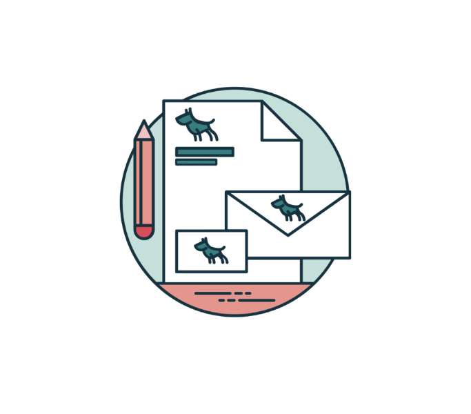 Pictogramme montrant un crayon à papier, du papier et enveloppe à en-tête avec un logo représentant un chien. Pictogramme choisi pour illustrer mon service de réalisation de logo, identité graphique.