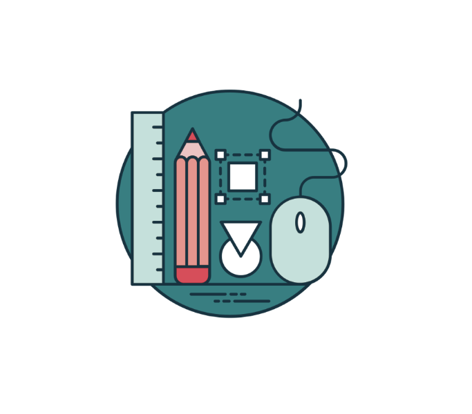 Pictogramme montrant une règle, un crayon à papier, des pictogrammes de logiciel graphique et une souris. Pictogramme choisi pour illustrer mon service de réalisation d'affiche, de flyer, brochure.
