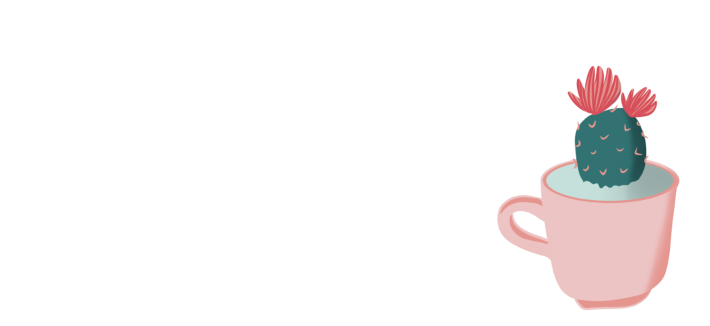 Illustration d'une tasse rose avec un cactus en fleur à l'intérieur.
